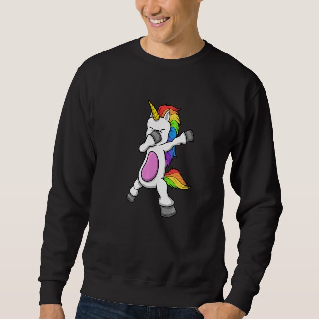 Unicorn  Rainbow Dabbing Unicorn Lång Ärmad Tröja (Framsida)