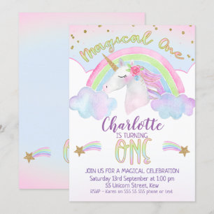 Unicorn Rainbow Första födelsedagsinbjudan Inbjudningar
