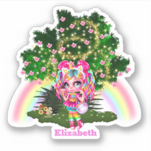 Unicorn rainbow girl cherry blommar träd DIY namn Klistermärken