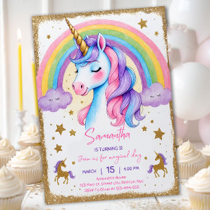 Unicorn Rainbow Girl's Födelsedagsfest Digital Inv Inbjudningar