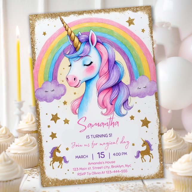 Unicorn Rainbow Girl's Födelsedagsfest Digital Inv Inbjudningar (Skapare uppladdad)