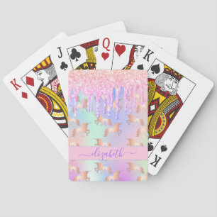 Unicorn rainbow glitter droppar rosa lila monogram casinokort