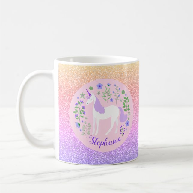 Unicorn Rainbow Glitter Personlig Namn Kaffemugg (Vänster)