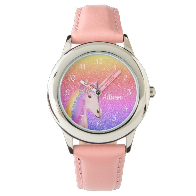 Unicorn Rainbow Glitter  Rosa Personlig Armbandsur (Framsida)