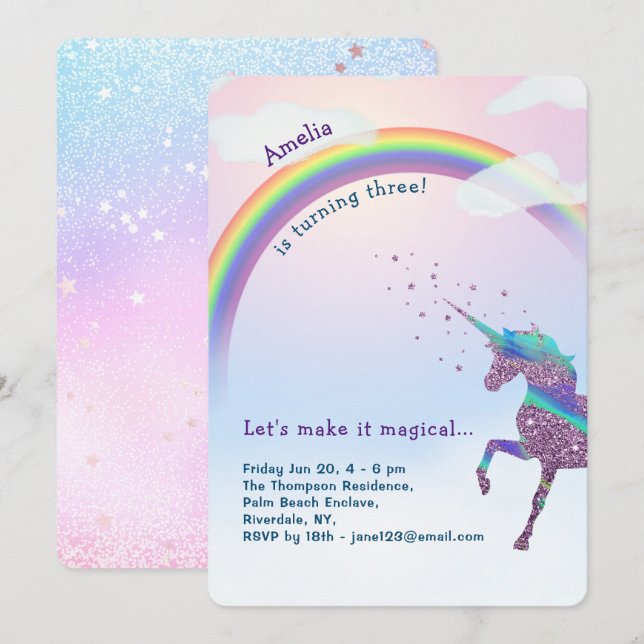 Unicorn Rainbow Glitter Stars Magic Birthday Inbjudningar (Fram/baksida)