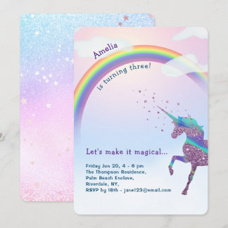 Unicorn Rainbow Glitter Stars Magic Birthday Inbjudningar