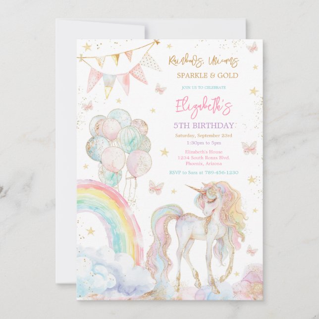 Unicorn Rainbow Gold Birthday Invitation Inbjudningar (Framsida)