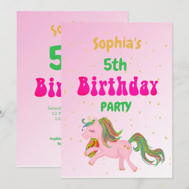 Unicorn Rainbow Guld Cute Birthday Inbjudningar (Fram/baksida)