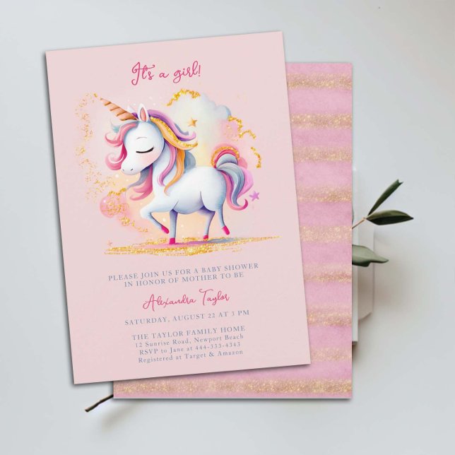 Unicorn Rainbow Guld Glitter Cloud Girl Baby Showe Inbjudningar (magical unicorn baby girl shower invitation watercolor illustration rainbow clouds glitter gold chic)