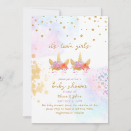 Unicorn Rainbow Guld Glitter Twin Girl Baby Shower Inbjudningar