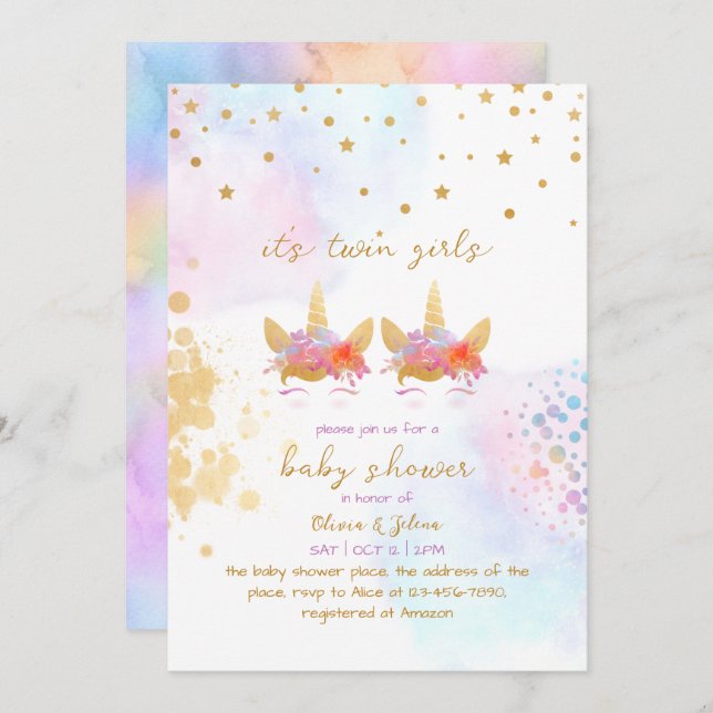 Unicorn Rainbow Guld Glitter Twin Girl Baby Shower Inbjudningar (Fram/baksida)