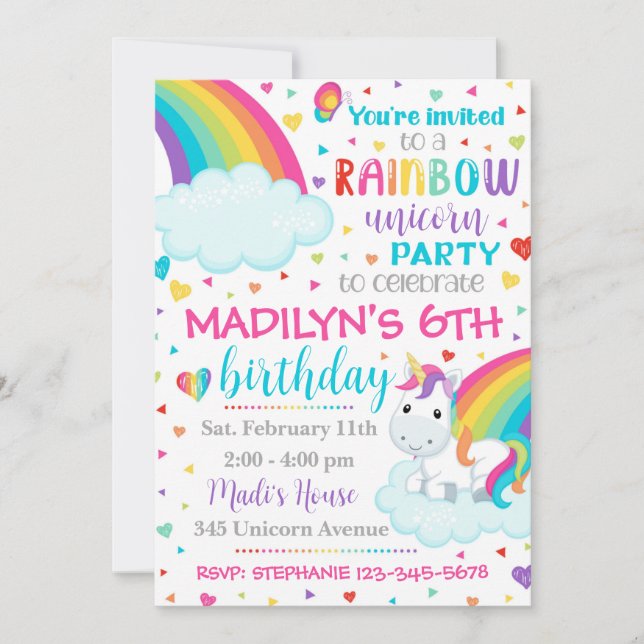 Unicorn Rainbow-inbjudan | Unicorn Birthday Inbjudningar (Framsida)