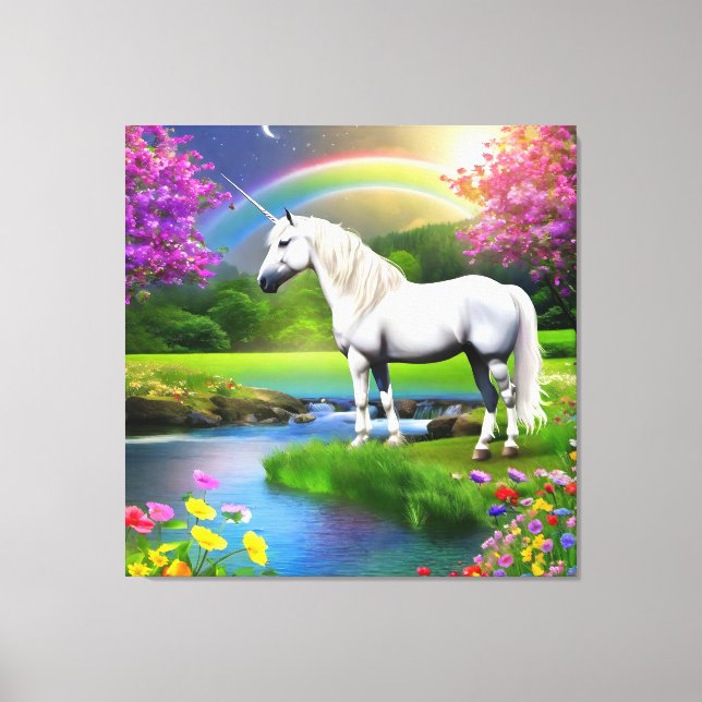 Unicorn Rainbow liggande Flowers Fyra Canvastryck (Framsida)