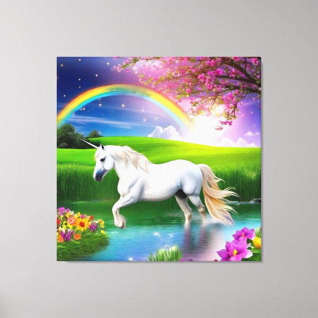 Unicorn Rainbow liggande Flowers One Canvastryck (Framsida)