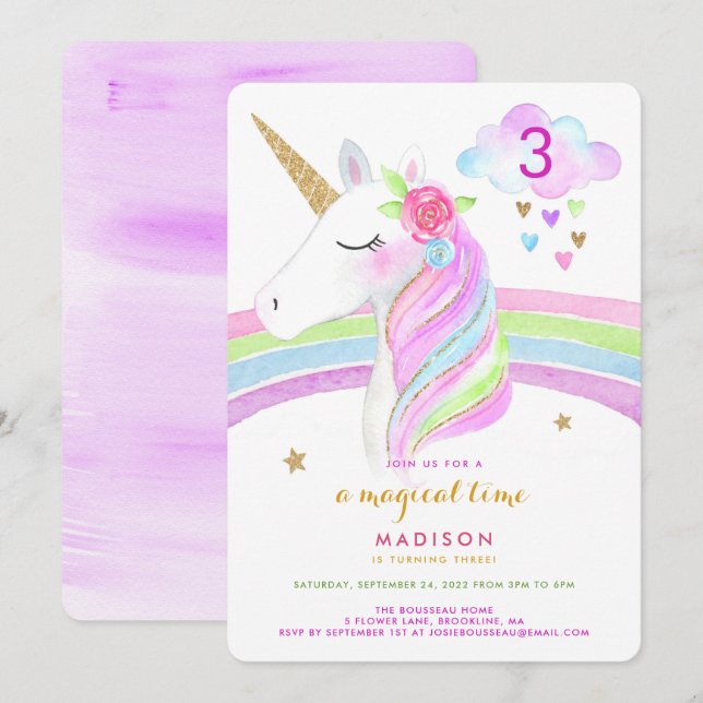 Unicorn Rainbow Magic Birthday-inbjudan Inbjudningar (Fram/baksida)