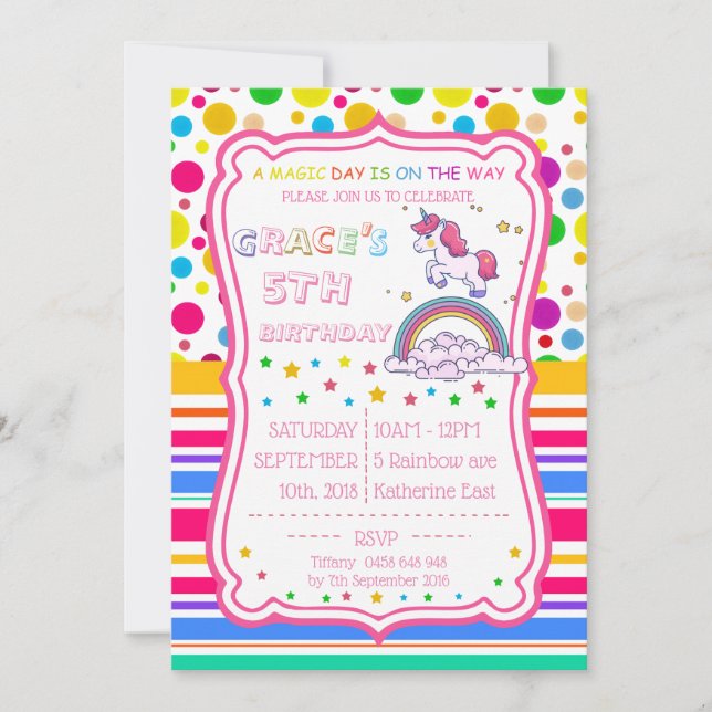 Unicorn Rainbow Magic Birthday Personalize OSA Inbjudningar (Framsida)