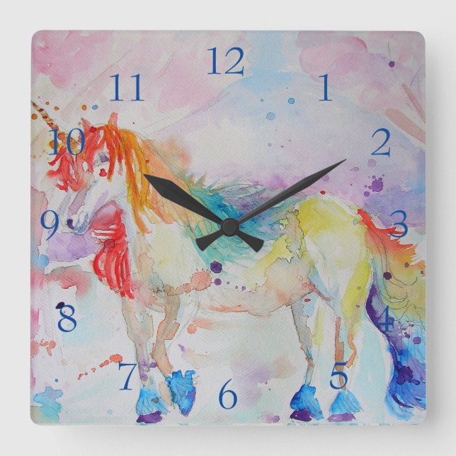 Unicorn Rainbow Magic Girls Childrens Room Clock Fyrkantig Klocka (Framsida)