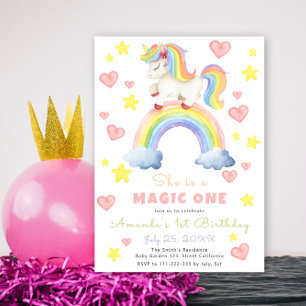 Unicorn Rainbow Magic One First Birthday Inbjudningar