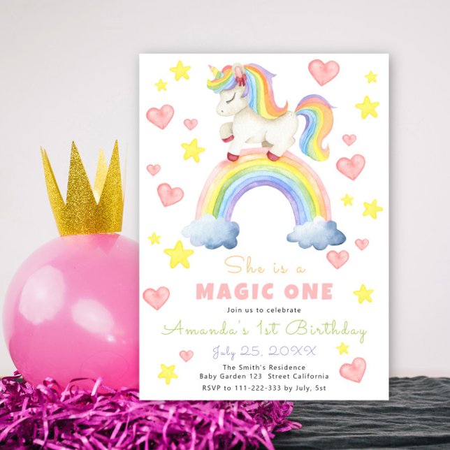 Unicorn Rainbow Magic One First Birthday Inbjudningar (Skapare uppladdad)