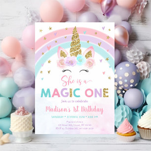 Unicorn Rainbow Magic One First Birthday Inbjudningar