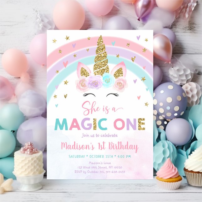 Unicorn Rainbow Magic One First Birthday Inbjudningar (Skapare uppladdad)