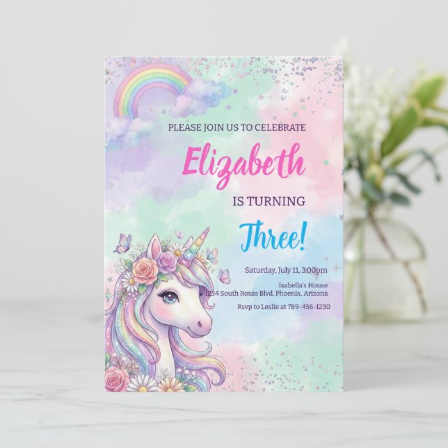 Unicorn Rainbow Magical Birthday Inbjudningar (Stående Fram)