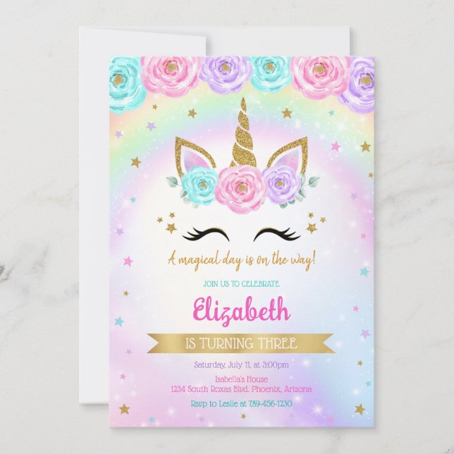 Unicorn Rainbow Magical Birthday Invitation Inbjudningar (Framsida)