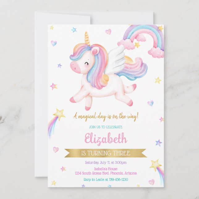 Unicorn Rainbow Magical Birthday Invitation Inbjudningar (Framsida)