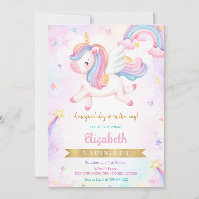 Unicorn Rainbow Magical Birthday Invitation Inbjudningar (Framsida)