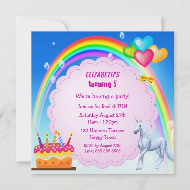 Unicorn, Rainbow och Cake Cute Birthday Party Inbj Inbjudningar (Framsida)
