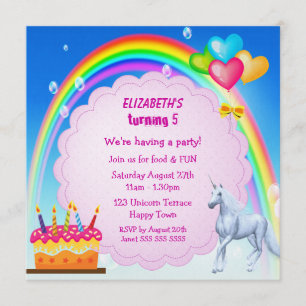 Unicorn, Rainbow och Cake Cute Birthday Party Inbj Inbjudningar