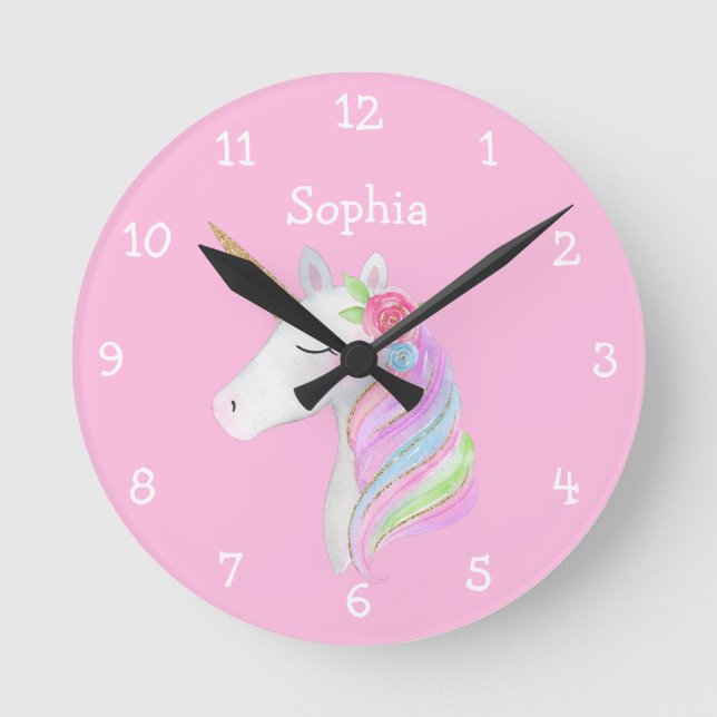 Unicorn Rainbow Personlig Girl Namn Pastel Rund Klocka (Framsida)