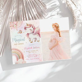 Unicorn Rainbow Rosa Guld Baby Shower Photo Inbjudningar