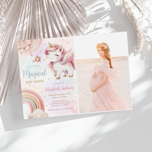 Unicorn Rainbow Rosa Guld Baby Shower Photo Inbjudningar (Skapare uppladdad)