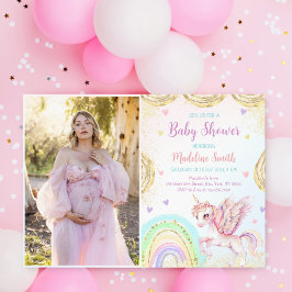 Unicorn Rainbow Rosa Guld Baby Shower Photo Inbjudningar