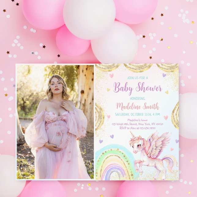 Unicorn Rainbow Rosa Guld Baby Shower Photo Inbjudningar (Skapare uppladdad)