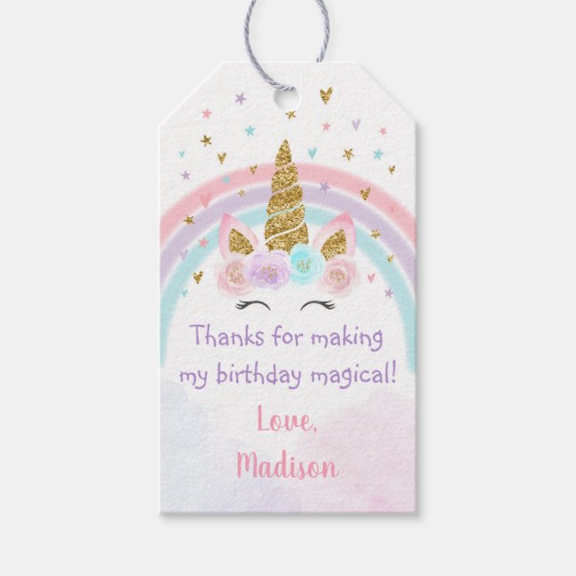 Unicorn Rainbow Rosa Guld Birthday Magic Presentetikett (Framsidan)