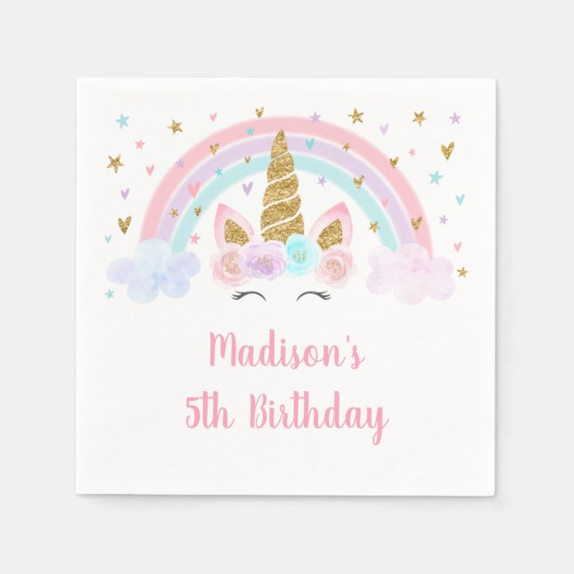 Unicorn Rainbow Rosa Guld Birthday Pappersservett (Framsidan)