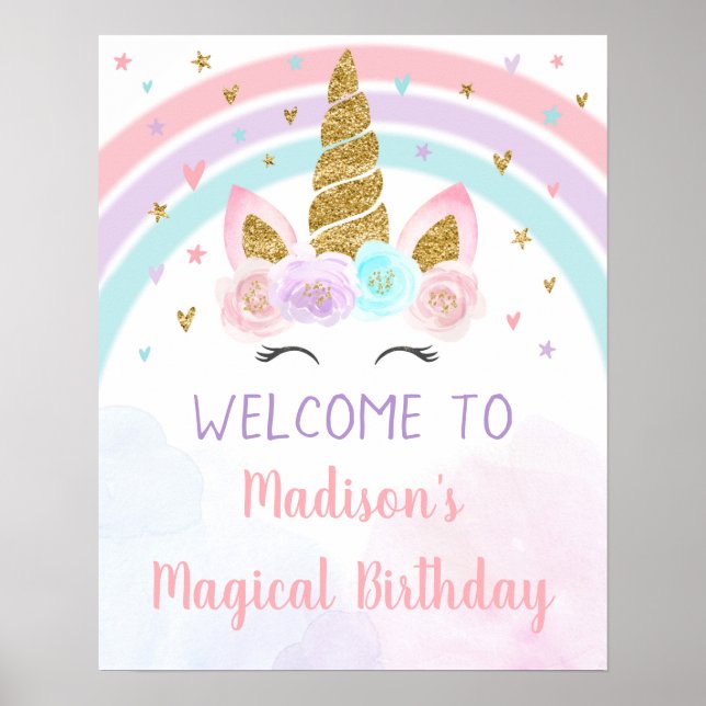 Unicorn Rainbow Rosa Guld Birthday Poster (Framsidan)