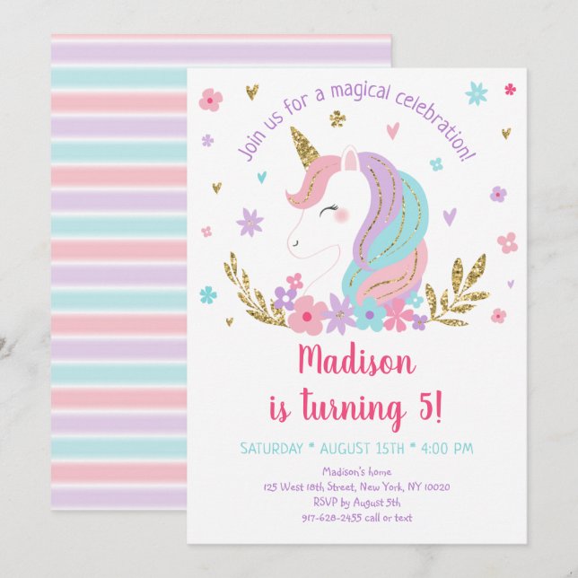 Unicorn Rainbow Rosa Guld Blommigt Wandeand Birday Inbjudningar (Fram/baksida)