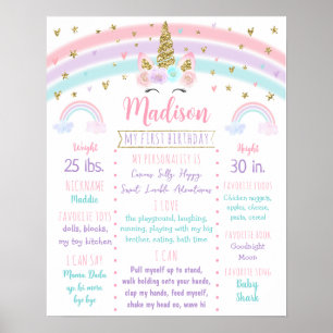 Unicorn Rainbow Rosa Guld First Birthday Milestone Poster
