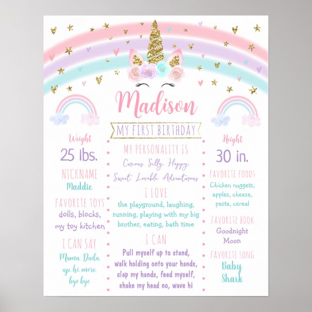Unicorn Rainbow Rosa Guld First Birthday Milestone Poster (Framsidan)