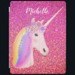 Uniçorn Rainbow Rosa Guld Glitter Girly Anpassad iPad Skydd<br><div class="desc">Uniçorn Rainbow Rosa Guld Glitter Girly Custom iPad Smart Cover Designad med söt ljus rosa och guld faux glitter sparkles bakgrund. Ett stort vitt navelhuvud/ansikte med regnbåge och blommor är på framsidan. Personlig med namn i vitt calligrafiskt skript som skrivs över det övre området. Gör en söt presentidé för en...</div>
