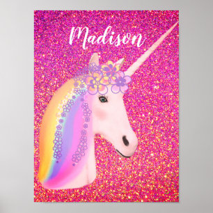 Unicorn Rainbow Rosa Guld Glitter Gnistra Girls Poster