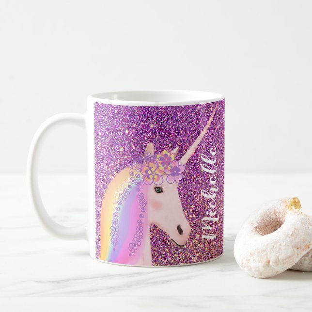 Unicorn Rainbow Rosa Guld Glitter Ombre Anpassning Kaffemugg (Med munk)
