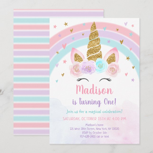 Unicorn Rainbow Rosa Guld Pastel Birgday Inbjudningar (Fram/baksida)