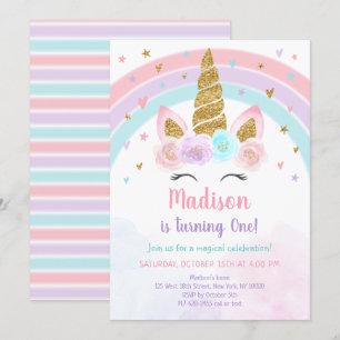 Unicorn Rainbow Rosa Guld Pastel Birgday Inbjudningar