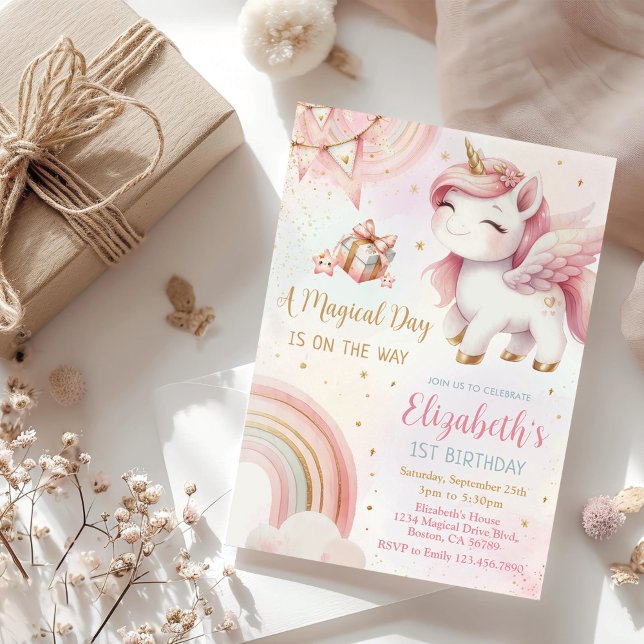 Unicorn Rainbow Rosa Guld Pastel Birthday Inbjudningar (Skapare uppladdad)