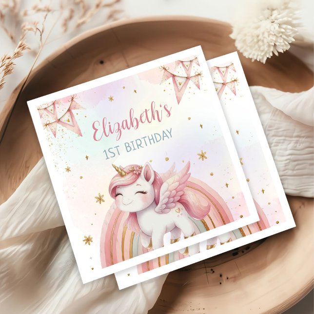Unicorn Rainbow Rosa Guld Pastel Birthday Pappersservett (Skapare uppladdad)