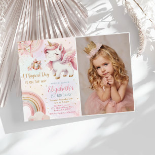 Unicorn Rainbow Rosa Guld Pastel Birthday Photo Inbjudningar